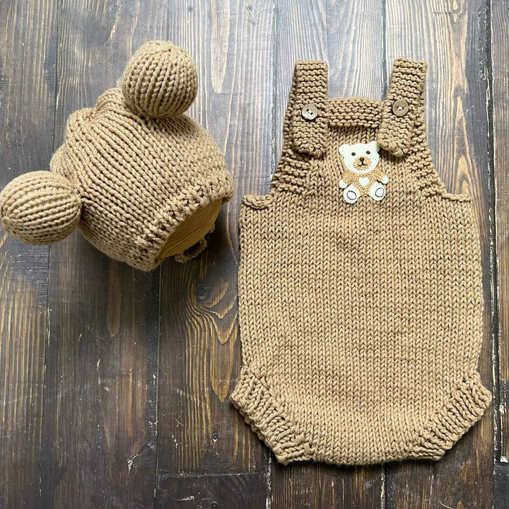 Newborn Handmade Knitted Bear Hat & Romper Set