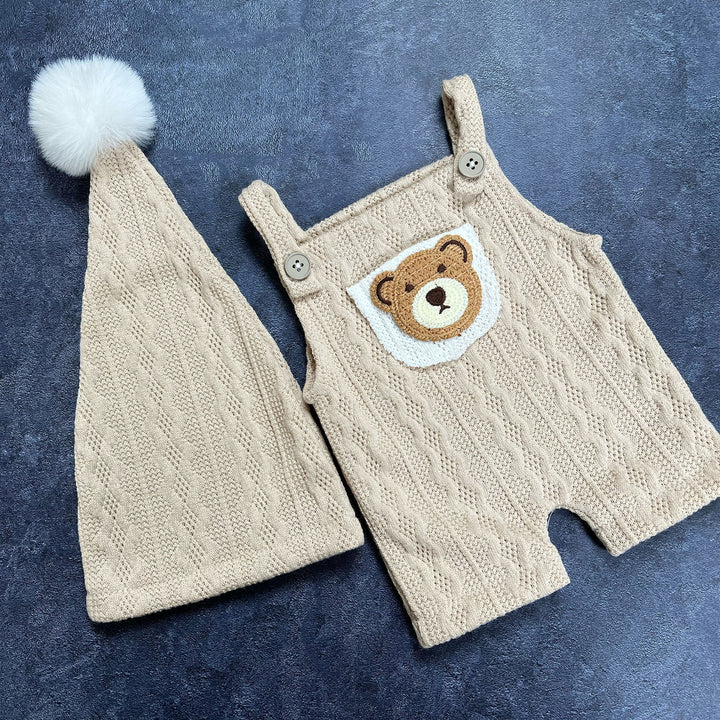Bear Pompom Hat & Suspender Shorts Newborn Set