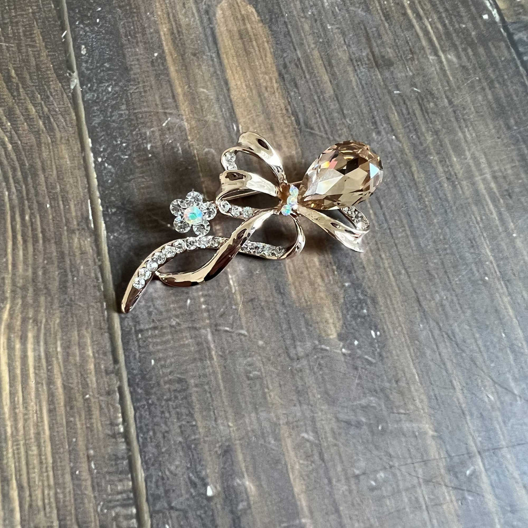 Gold Bow Rhinestone Brooches