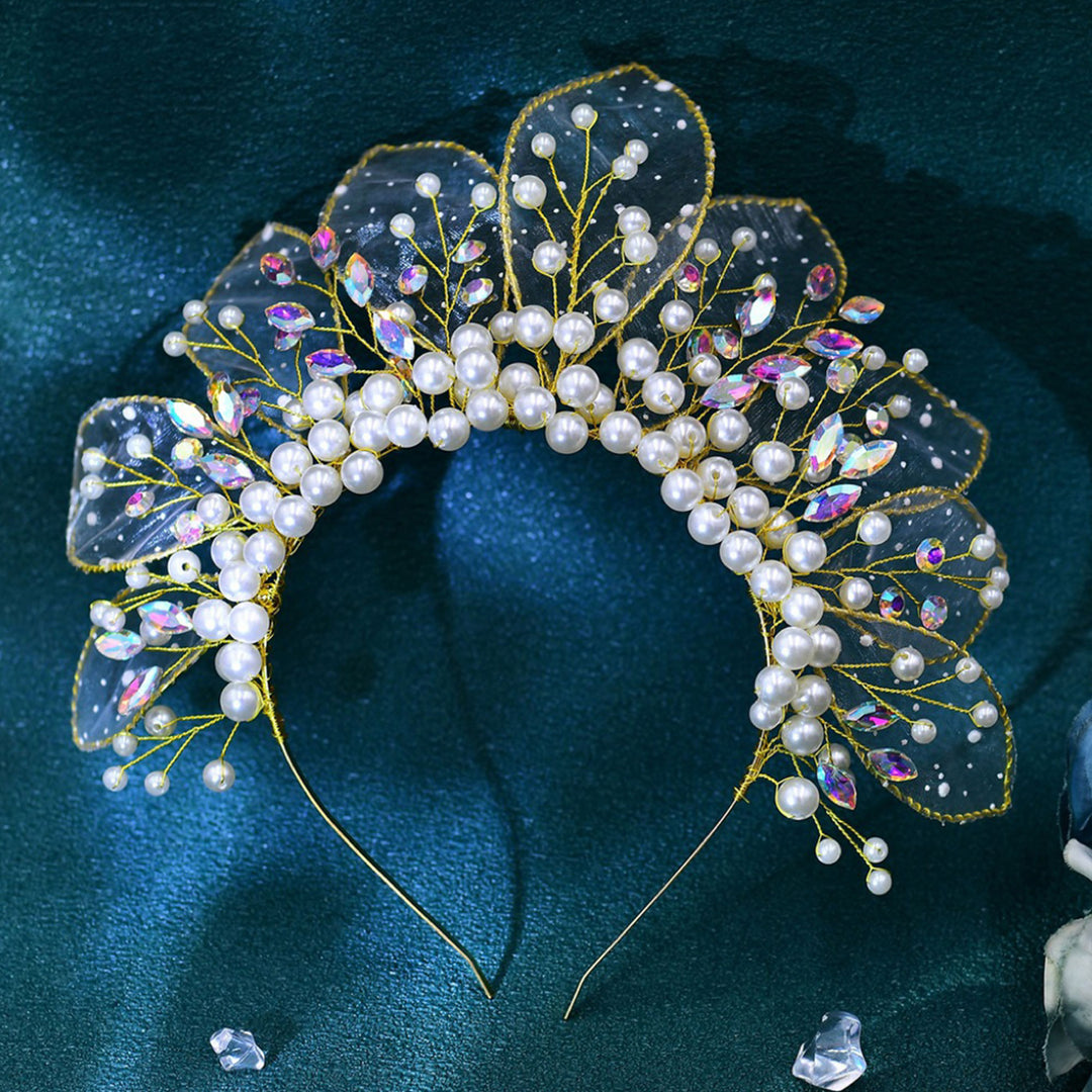 Tulle Leaf Pearl Rhinestone Crown Headpieces