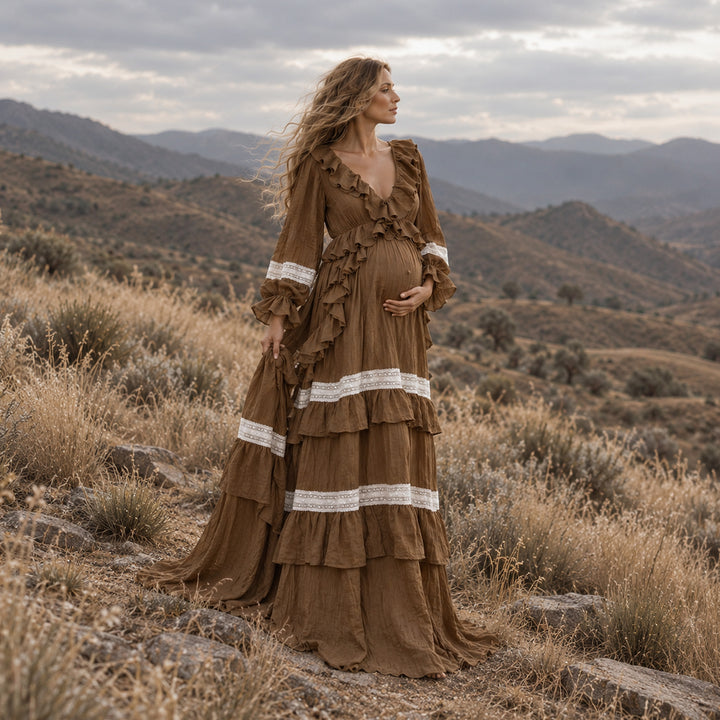Cassandra Gown | Vintage Ruffle Trim Side Slit Maternity Photography Dress