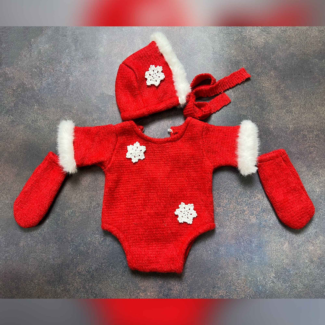 Red Snowflake Accent Newborn Hat, Romper & Socks Set