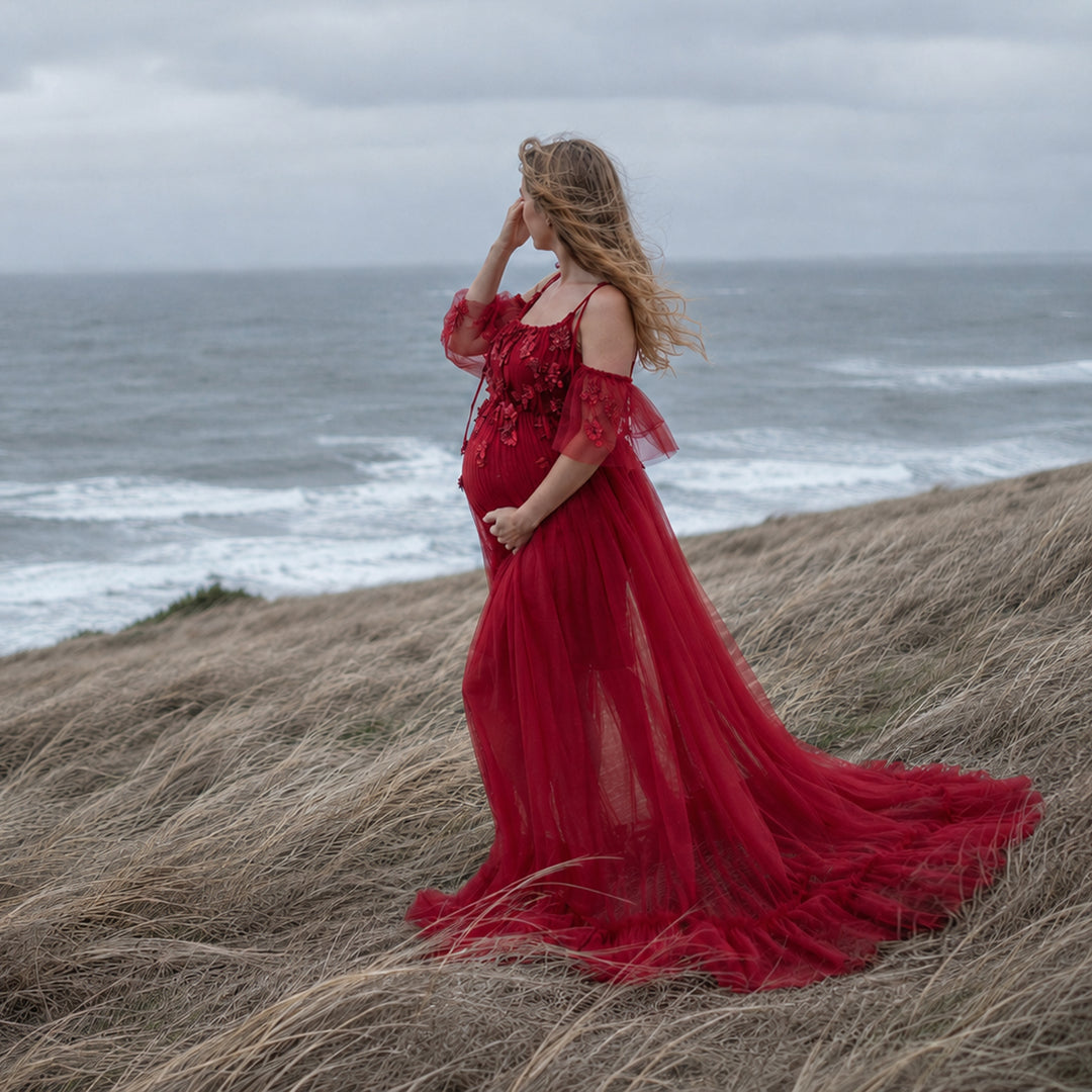Oreades Gown | Floral Embroidered Tiered Ruffle Maternity Photography Dress