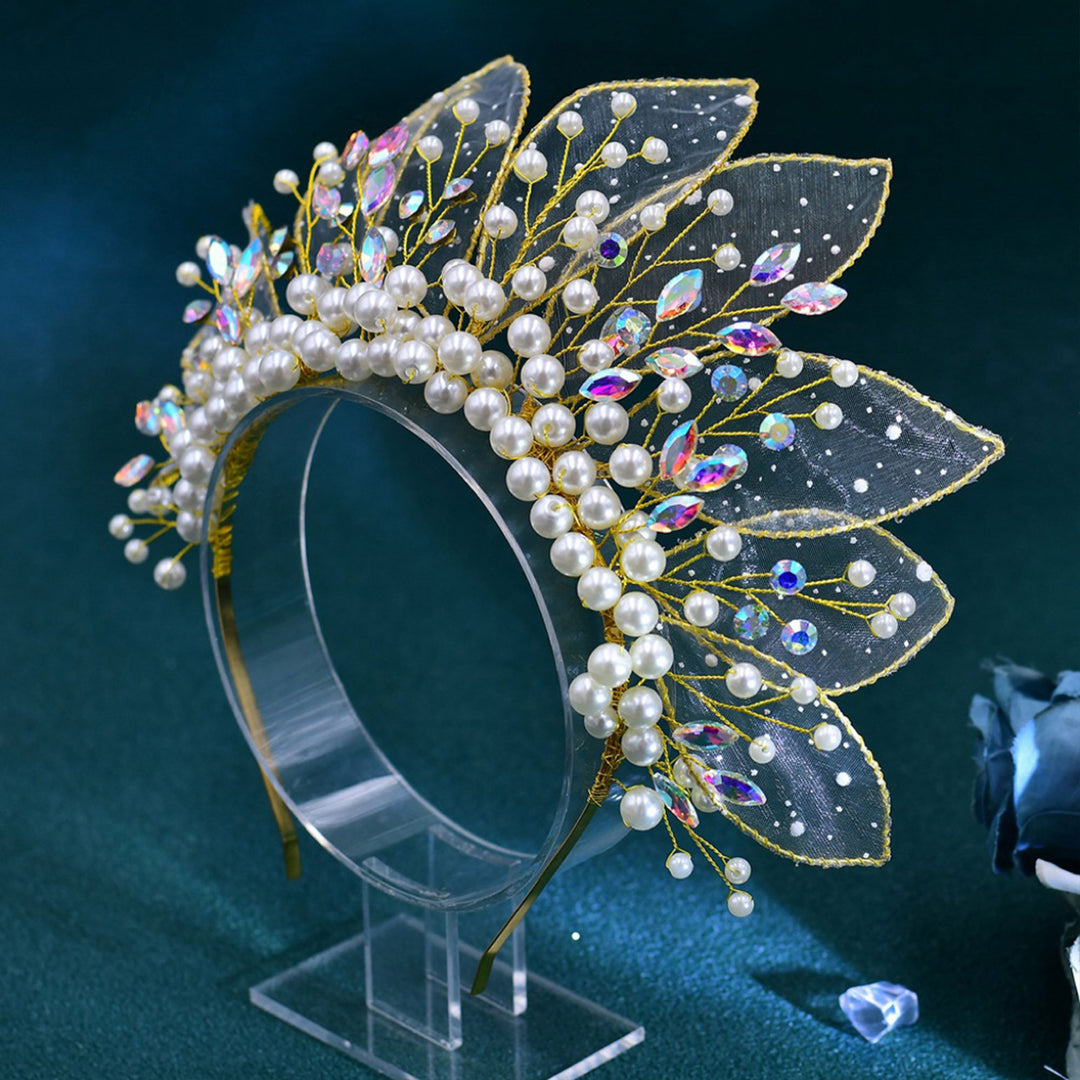 Tulle Leaf Pearl Rhinestone Crown Headpieces