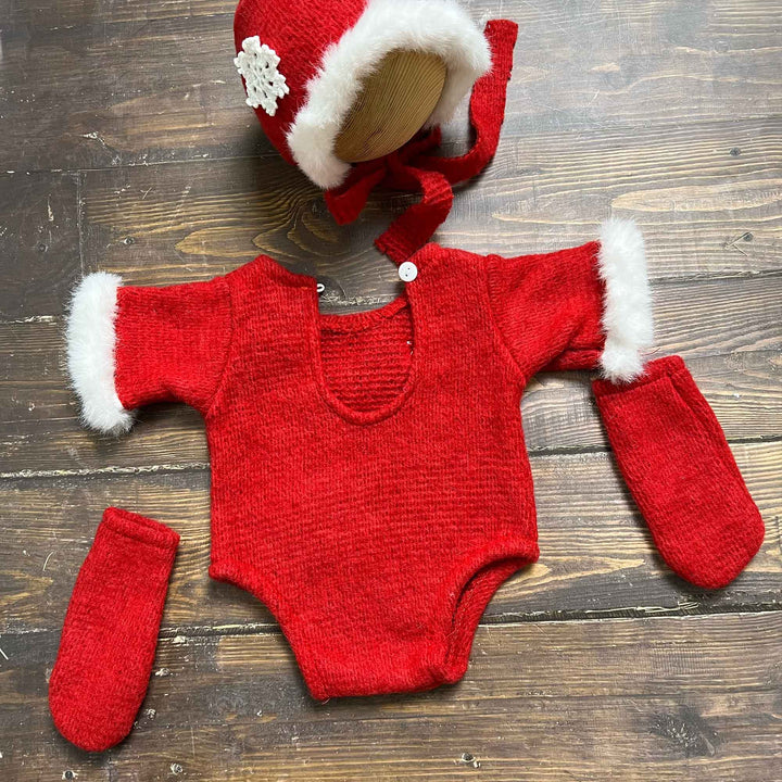 Red Snowflake Accent Newborn Hat, Romper & Socks Set