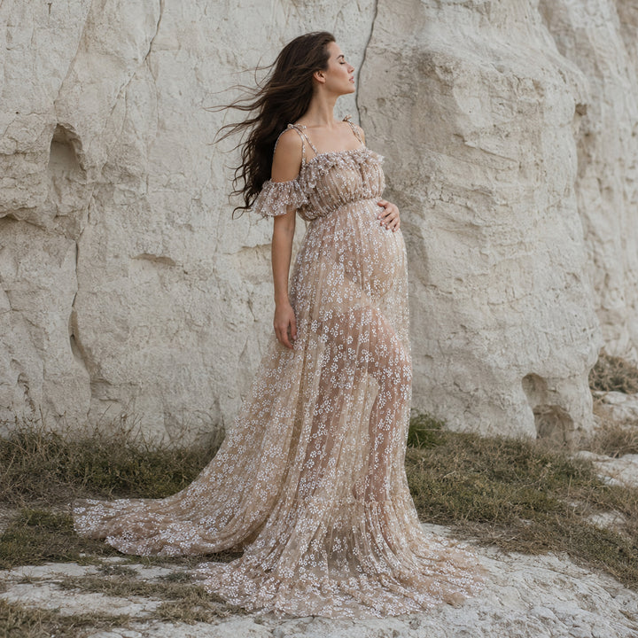 Ersa Gown | Floral Embroidered Off-Shoulder Tulle Maternity Photography Dress