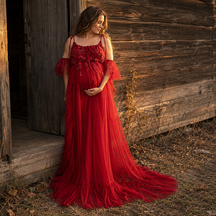 Oreades Gown | Floral Embroidered Tiered Ruffle Maternity Photography Dress