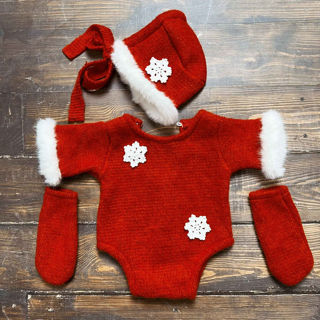 Red Snowflake Accent Newborn Hat, Romper & Socks Set