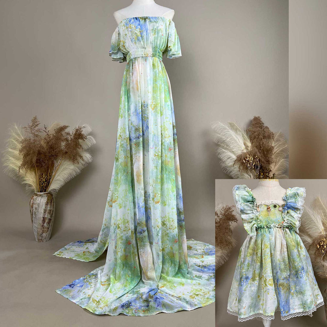 It shows two mannequins wearing tie dye chiffon floral long and short dresses set.