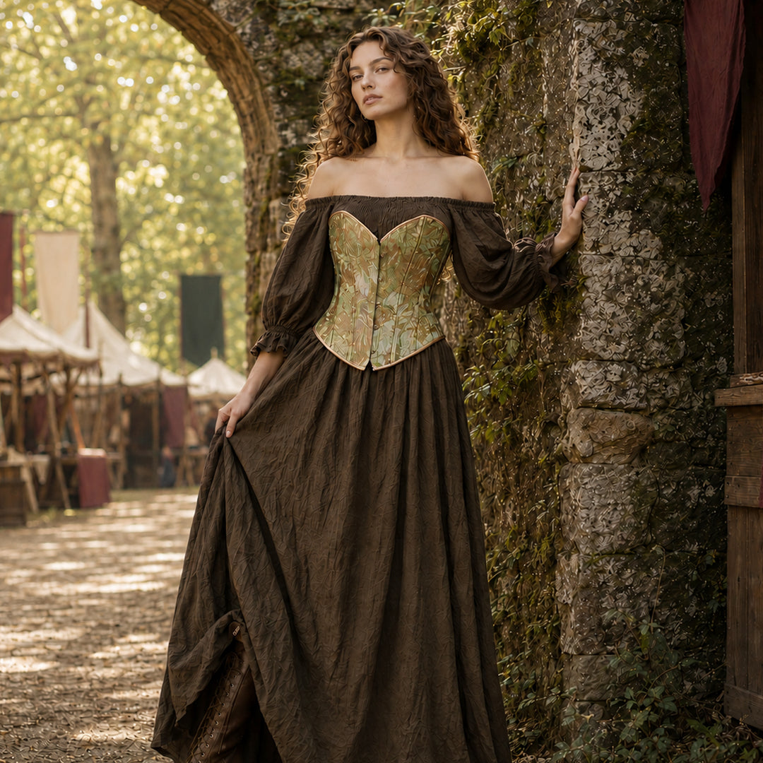 Woman wearing the Brimo olive Renaissance festival dress with a vintage floral corset