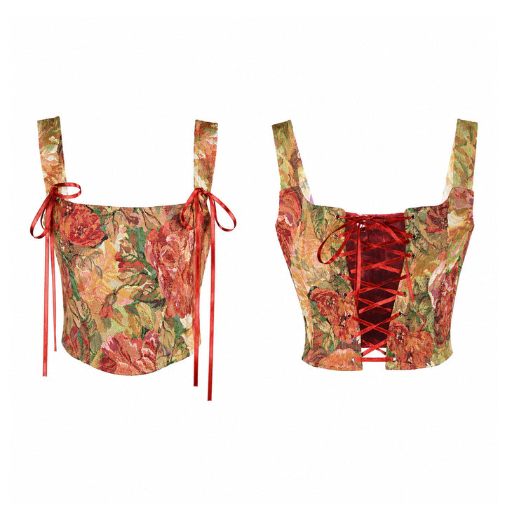 Front and back view of the Cailleach vintage floral lace-up corset with red ribbon details.