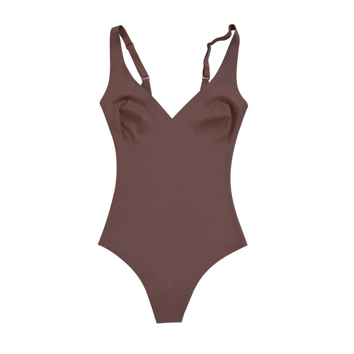 This is a product photo of a brown Callirrhoe bodysuit swimsuit laid flat on a white background. 
