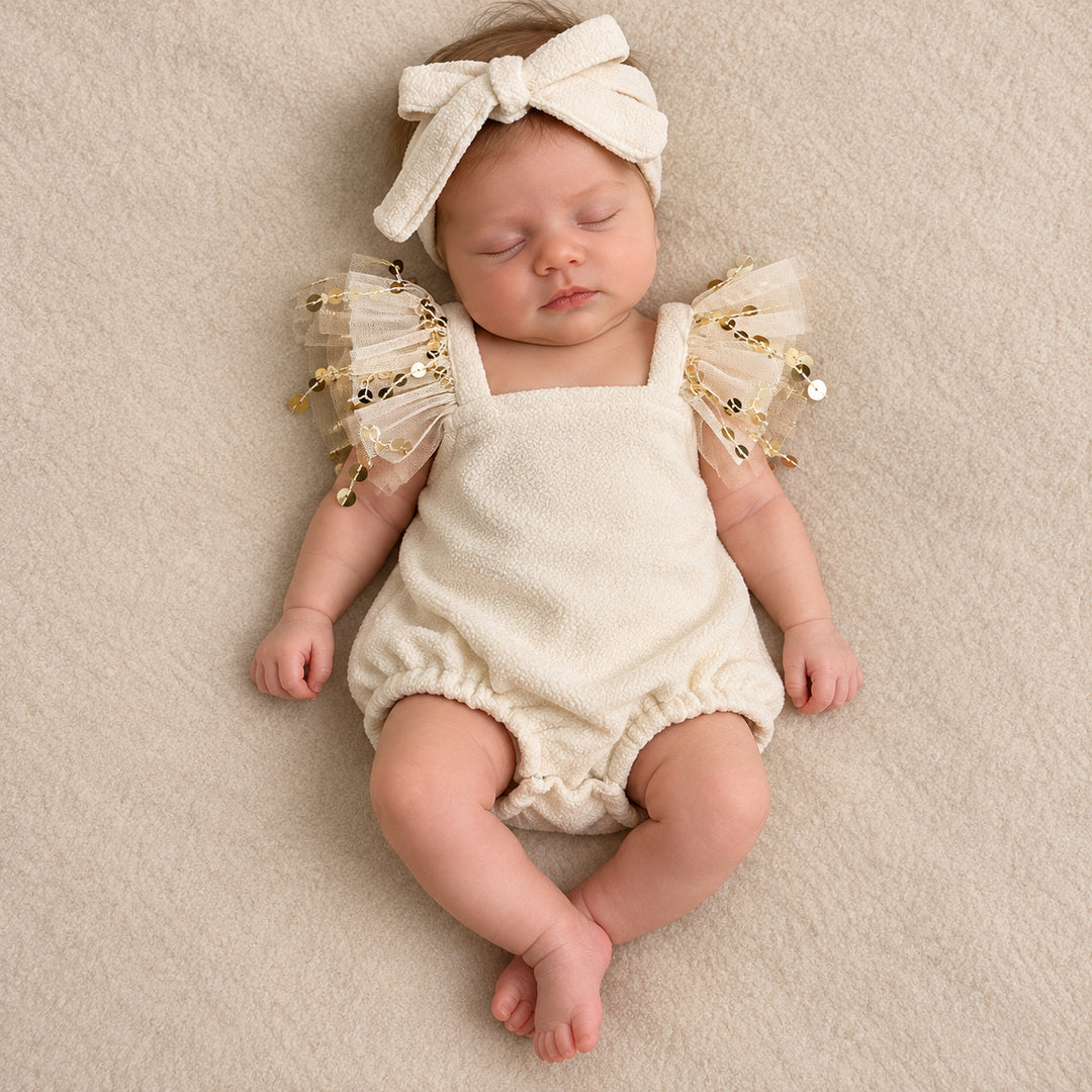 A baby in the same fleece romper and bow headband lies on her back on a beige blanket, eyes closed.
