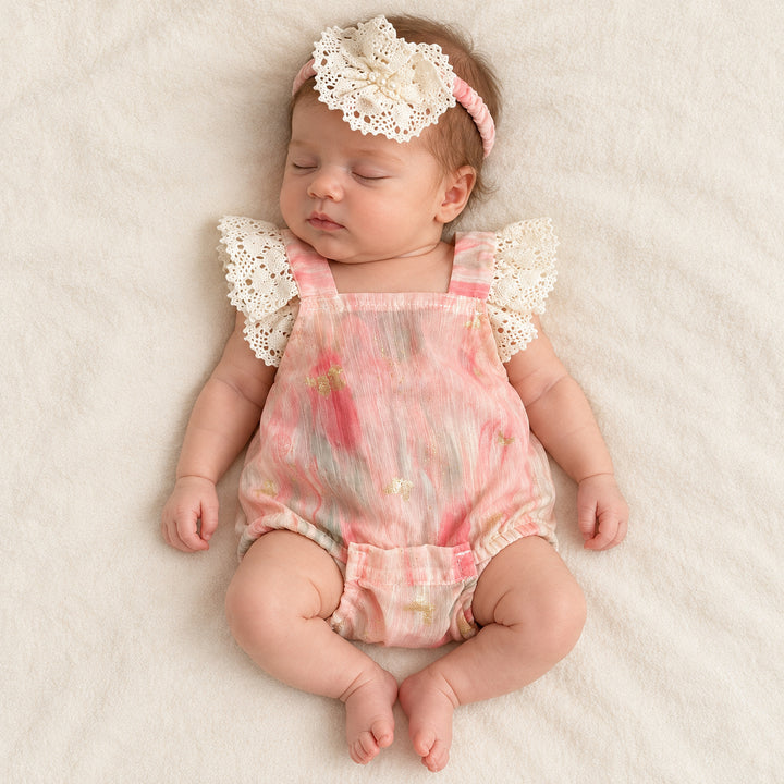A baby in Pink romper and lace-flower headband lies on her back on a white blanket, eyes closed.