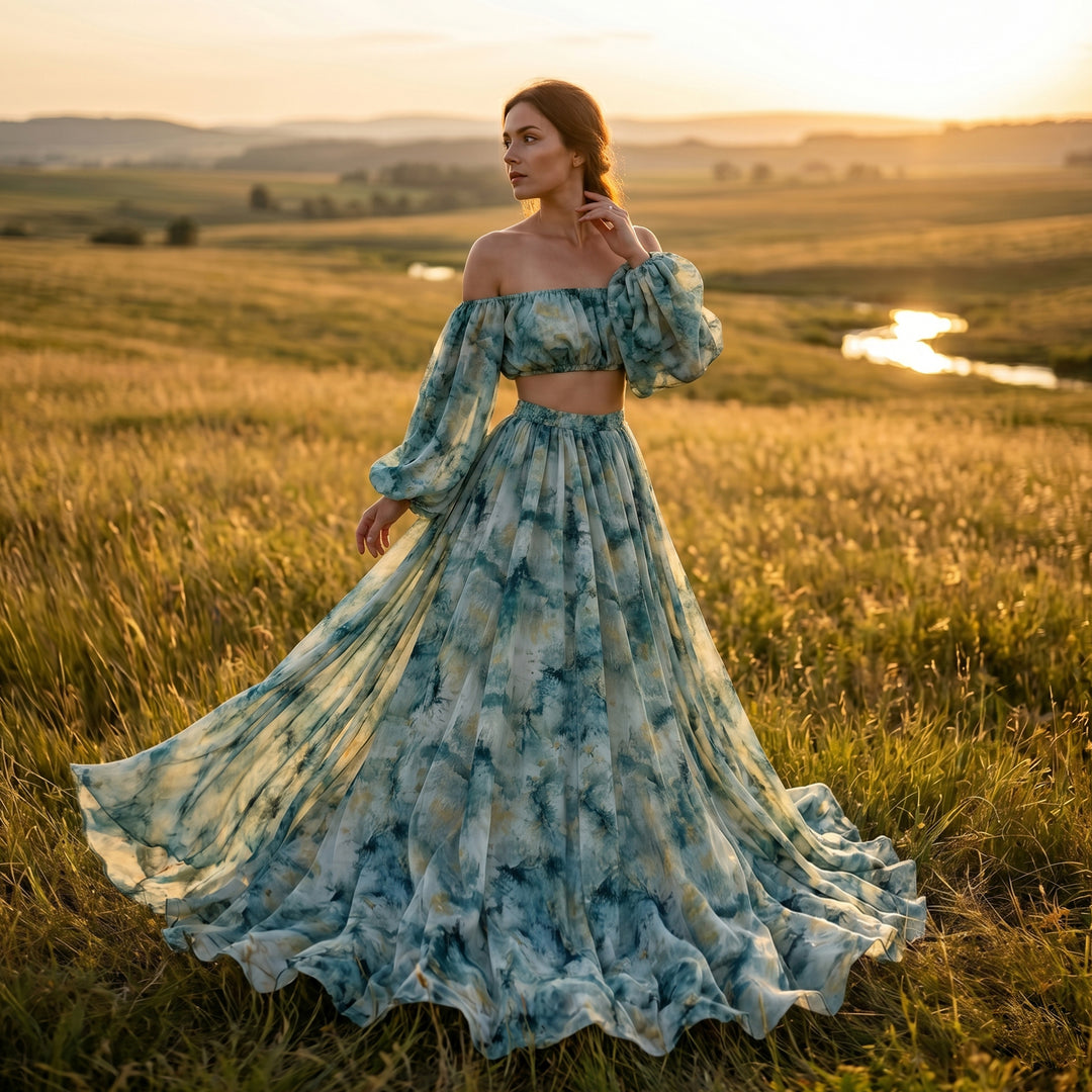A woman stands in a field wearing a Hestia tie dye print two-piece dress with a long skirt. 