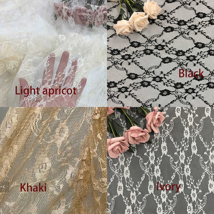 A color swatch reference image displaying four variations of floral lace fabric: Light Apricot, Black, Khaki, and Ivory. 