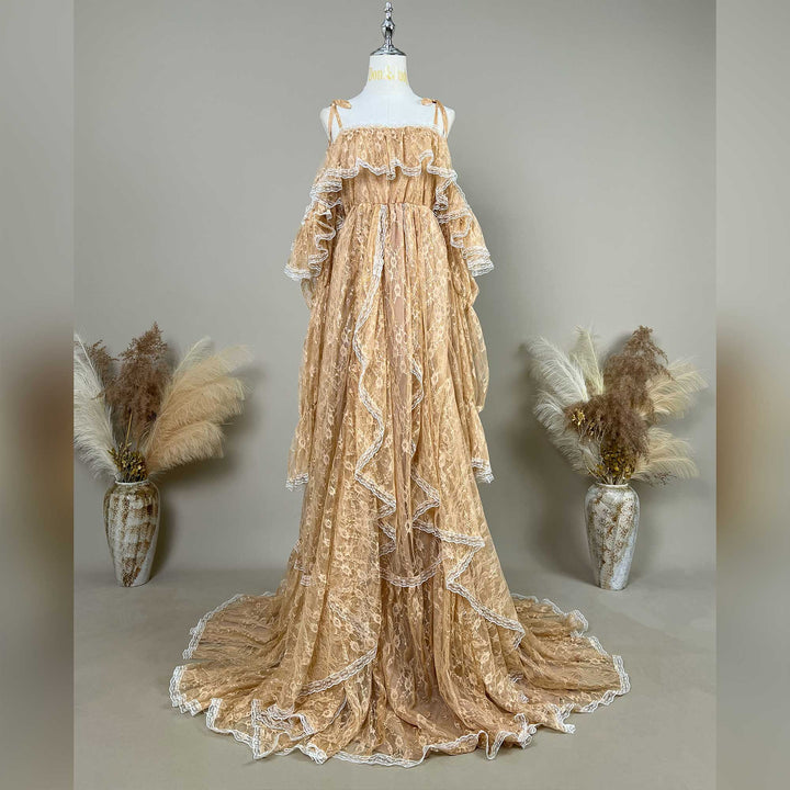 Melinoe gown lace tiered ruffle off shoulder maternity photography dress displayed on a mannequin.