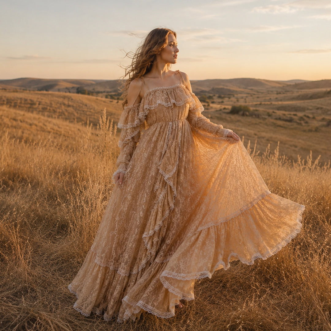 A pregnant woman stands in a sunlit, dry grassy landscape wearing a flowing lace maternity gown with off-the-shoulder ruffled sleeves and a tiered full skirt that spreads across the ground.
