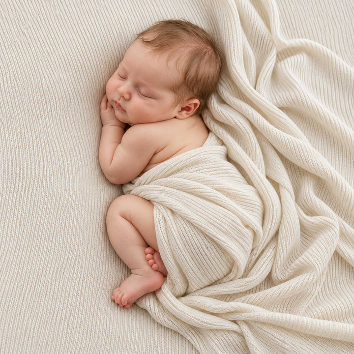 An infant lies on its side on a beige ribbed knit blanket, body wrapped, one foot exposed.