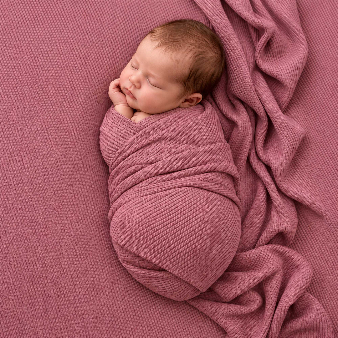 An infant lies on its back on a mauve ribbed knit blanket, body wrapped, hands near the face.