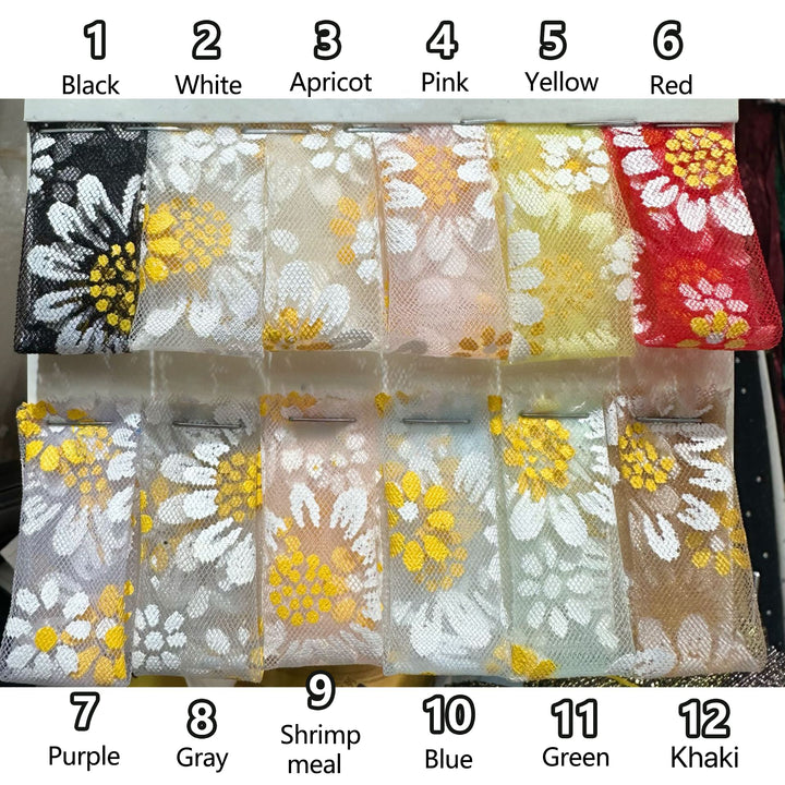 A large grid of small fabric swatches in many colors arranged on a white measurement chart with printed numbers. This is a Tyche dress color-options reference image rather than a single product photo, so subject type is Color Swatch.